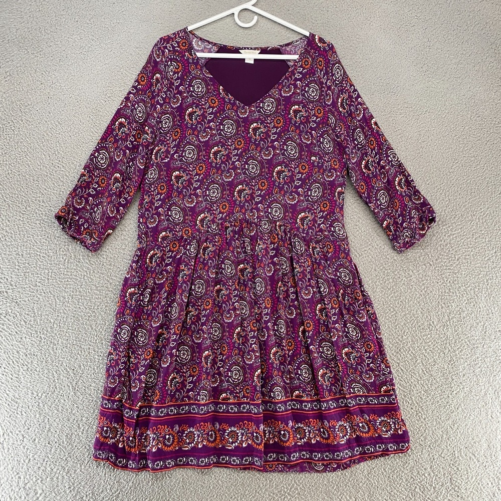 Garnet Hill Dress Womens 12 Purple Floral Paisley V-Neck Lined Boho Bohemian